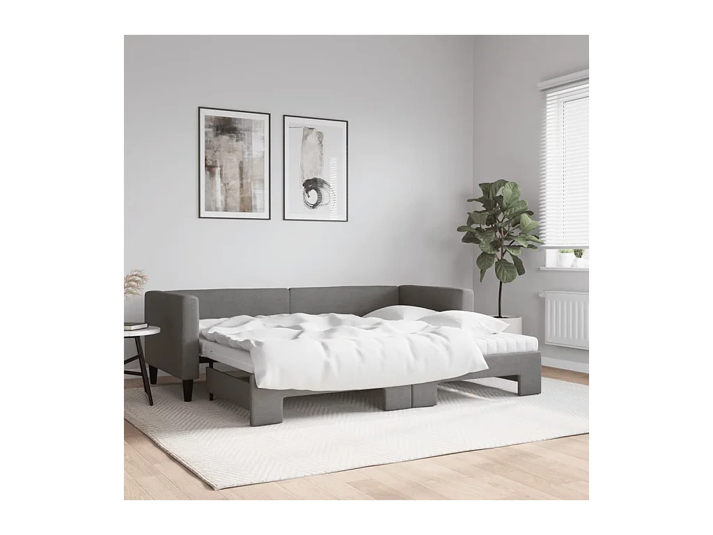 Lit de jour avec gigogne et matelas gris foncé 80x200 cm tissu