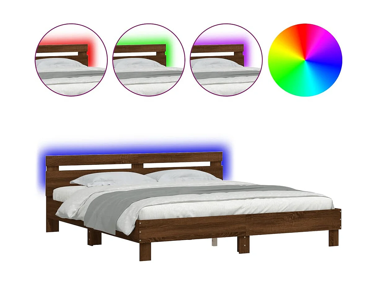 Estructura de cama cabecero y luces LED marrón roble 180x200 cm
