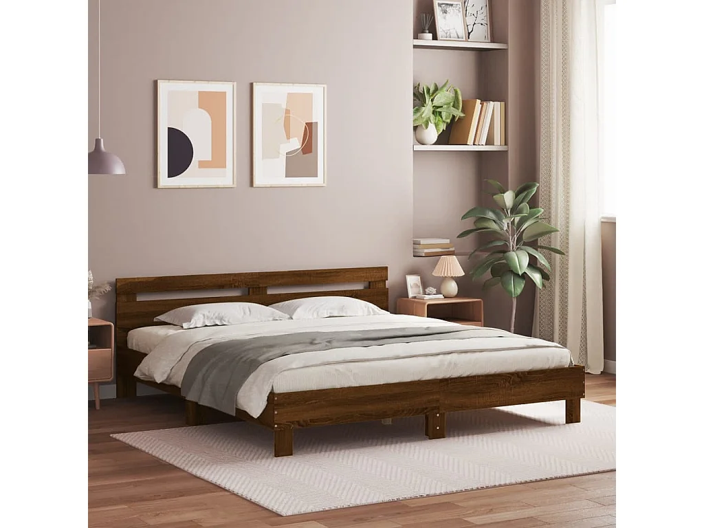 Estructura de cama cabecero y luces LED marrón roble 180x200 cm