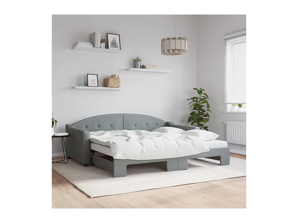 Lit de jour avec gigogne et matelas gris clair 90x190 cm tissu