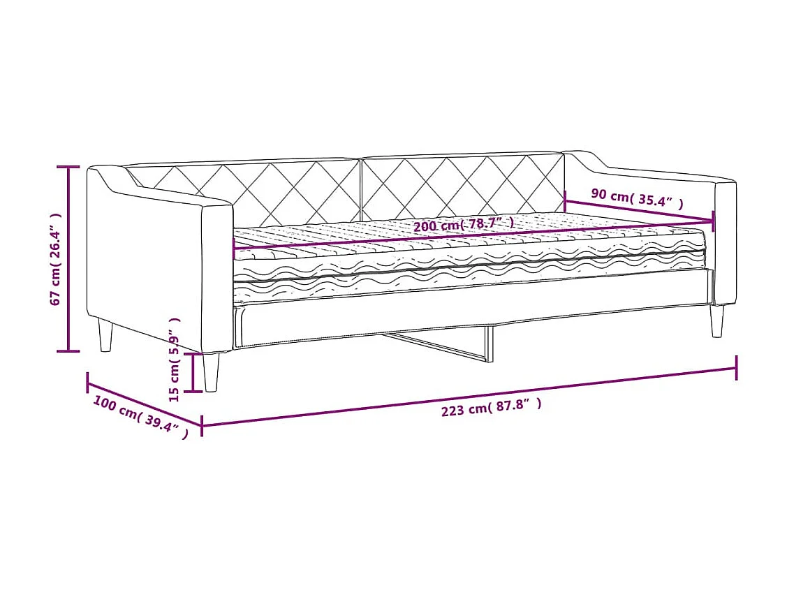 Lit de jour avec matelas noir 90x200 cm tissu