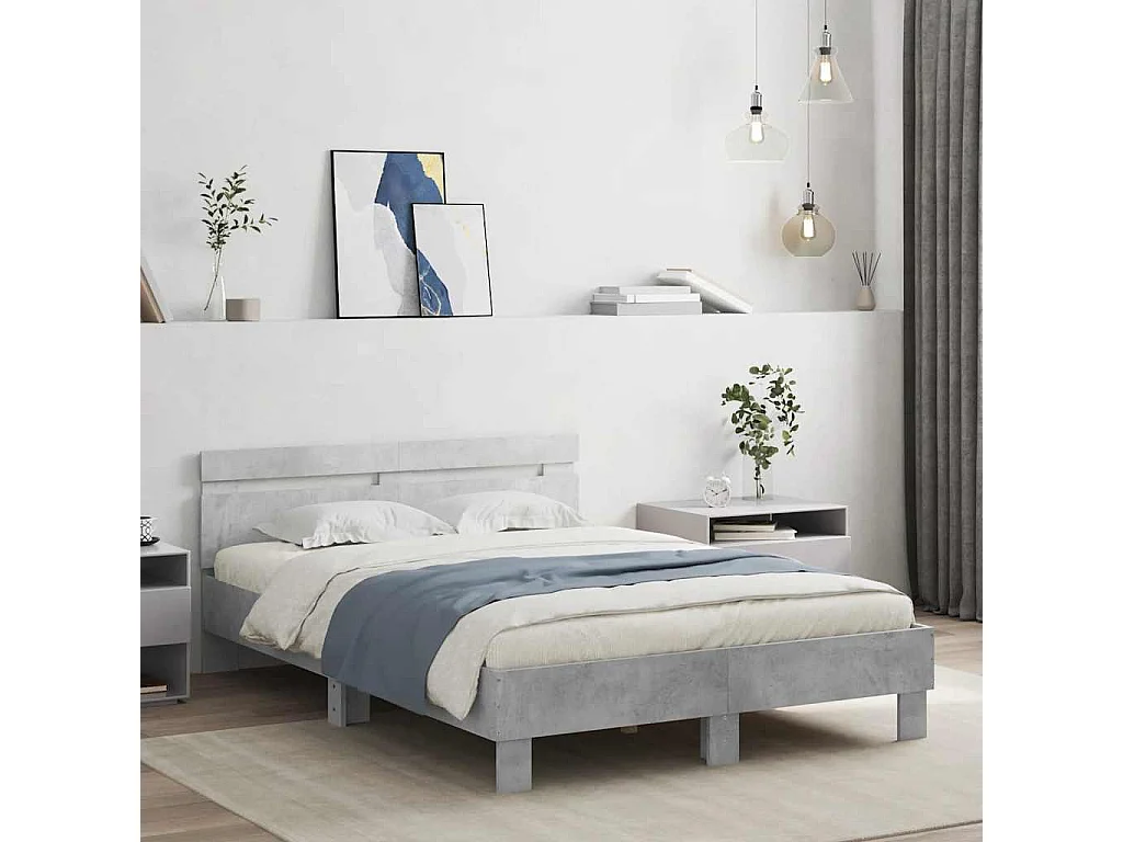 Bedframe met hoofdeinde en LED betongrijs 120x200 cm