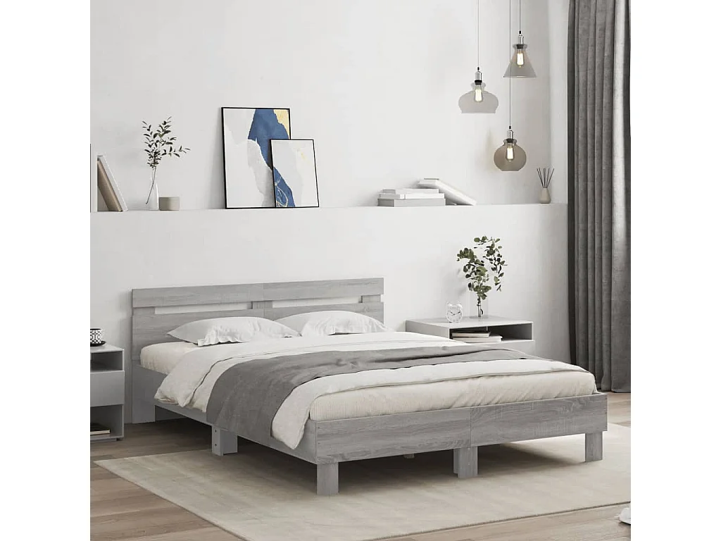 Giroletto con Testiera e LED Grigio Sonoma 140x200 cm