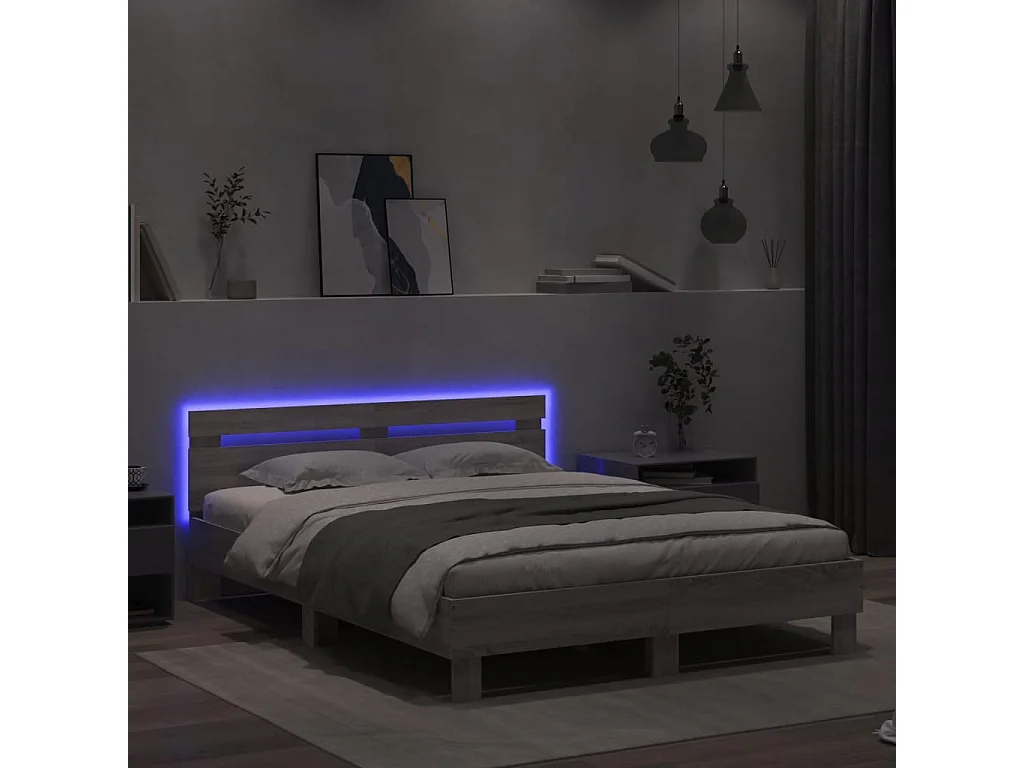 Giroletto con Testiera e LED Grigio Sonoma 140x200 cm