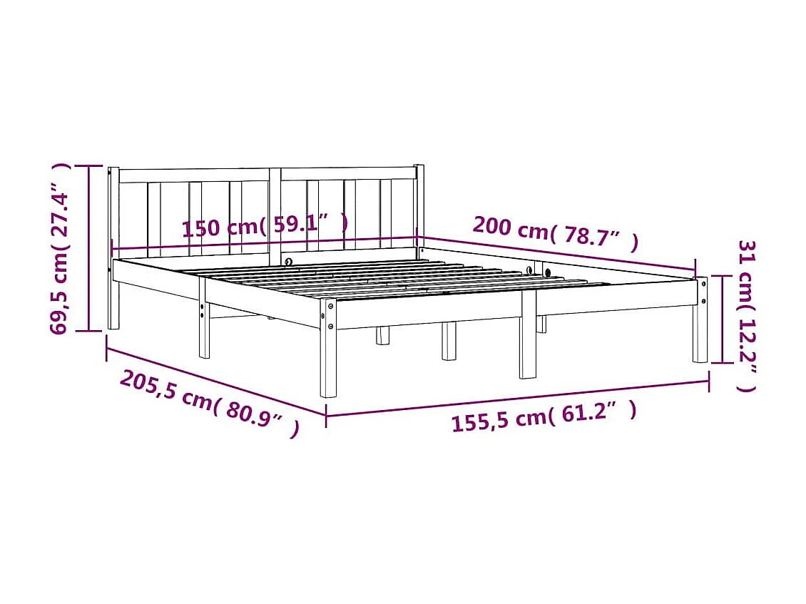 Cadre de lit sans matelas cire marron 150x200cm bois pin massif