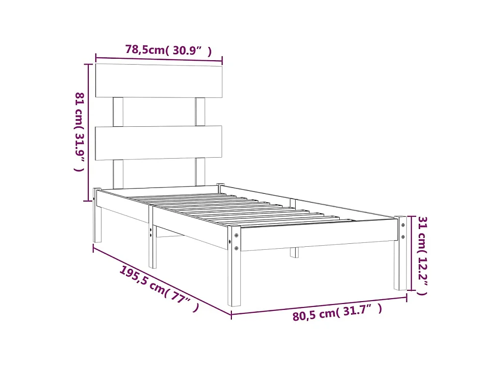 Bedframe massief hout 75x190 cm