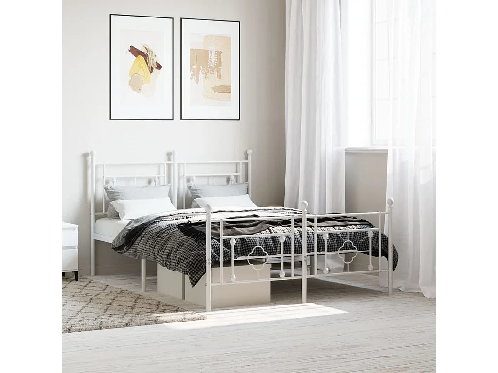 Cadre de lit métal sans matelas et pied de lit blanc 135x190 cm