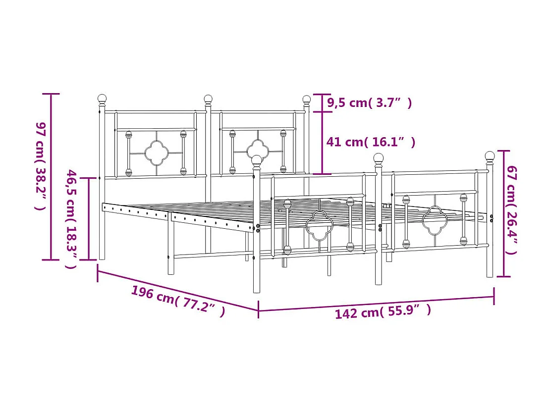 Cadre de lit métal sans matelas et pied de lit blanc 135x190 cm