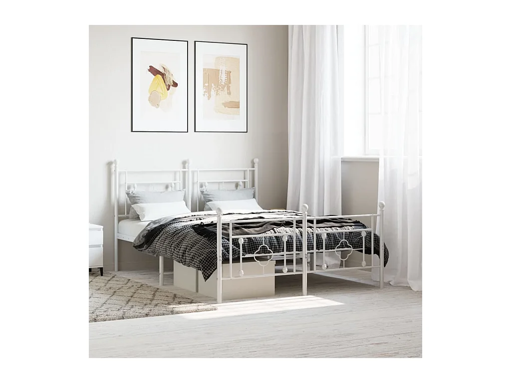 Cadre de lit métal sans matelas et pied de lit blanc 135x190 cm