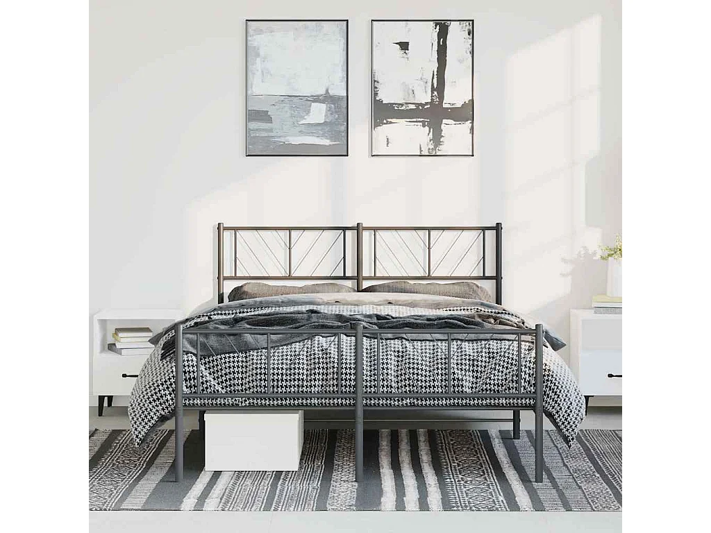 Cadre de lit métal sans matelas avec pied de lit noir 135x190cm