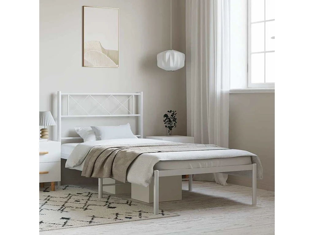 Cadre de lit métal sans matelas et tête de lit blanc 100x200 cm