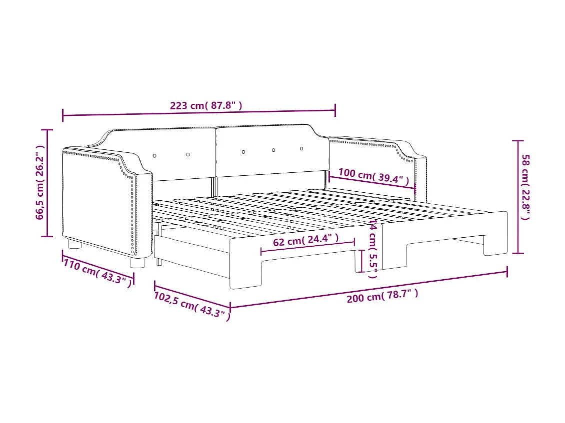 Lit de jour avec gigogne sans matelas gris foncé 100x200 cm