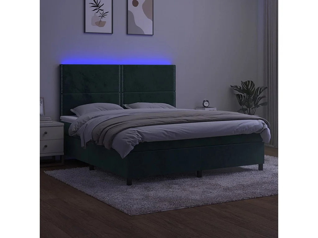 Letto a Molle con Materasso e LED Verde Scuro 160x200cm Velluto