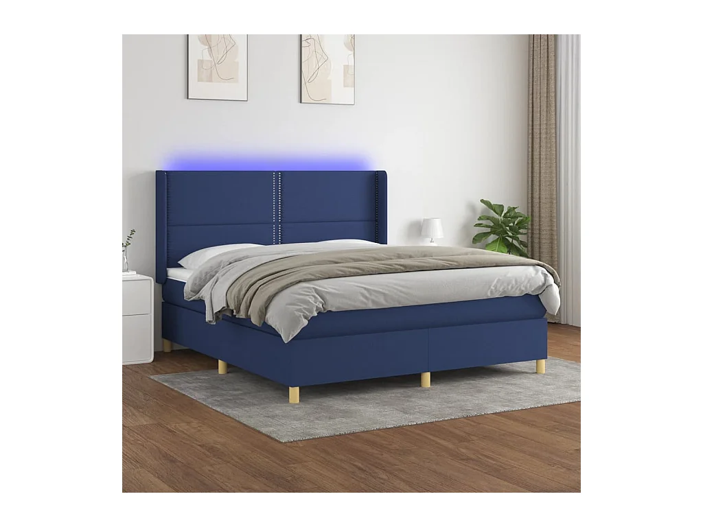 Sommier à lattes de lit matelas et LED Bleu 180x200 cm Tissu