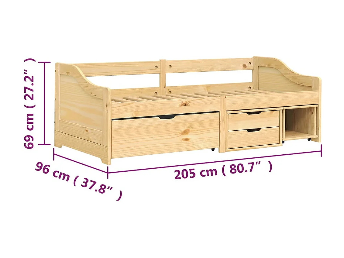 Dormeuse 3 Cassetti 90x200 cm Legno Massello Pino IRUN