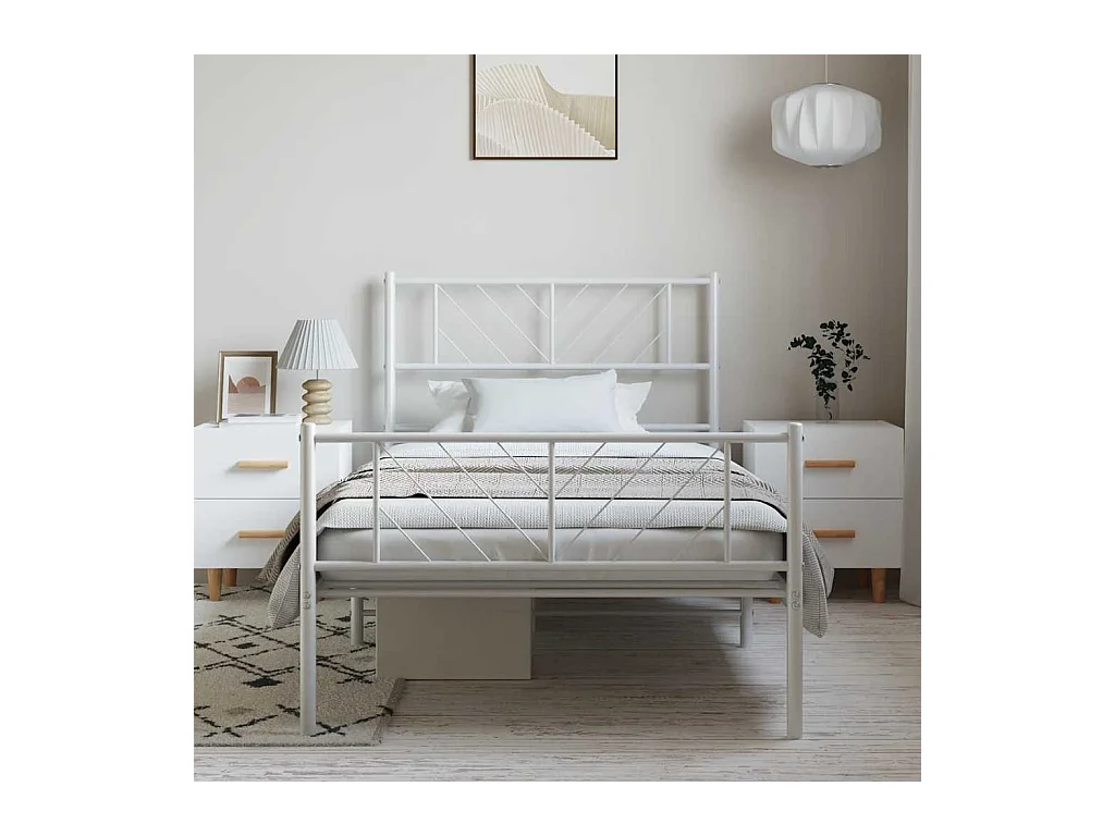 Cadre de lit métal sans matelas et pied de lit blanc 100x200 cm