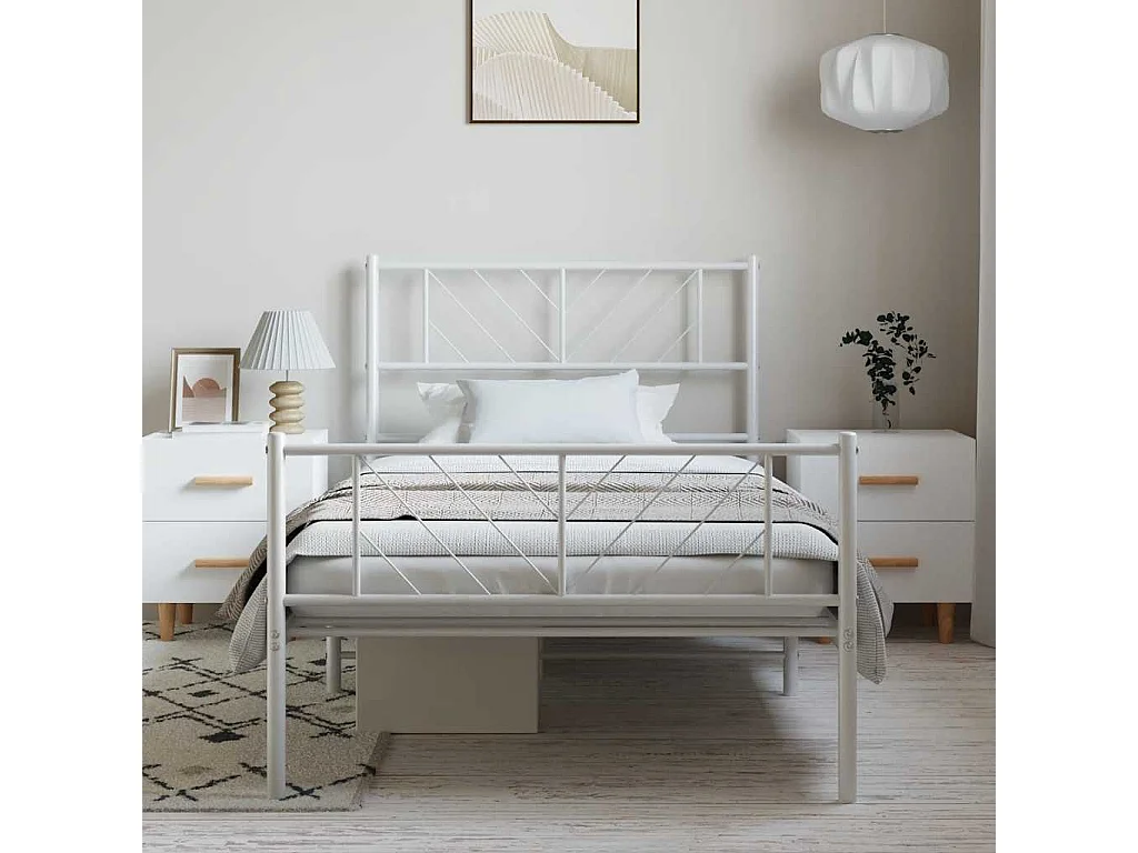 Cadre de lit métal sans matelas et pied de lit blanc 100x200 cm