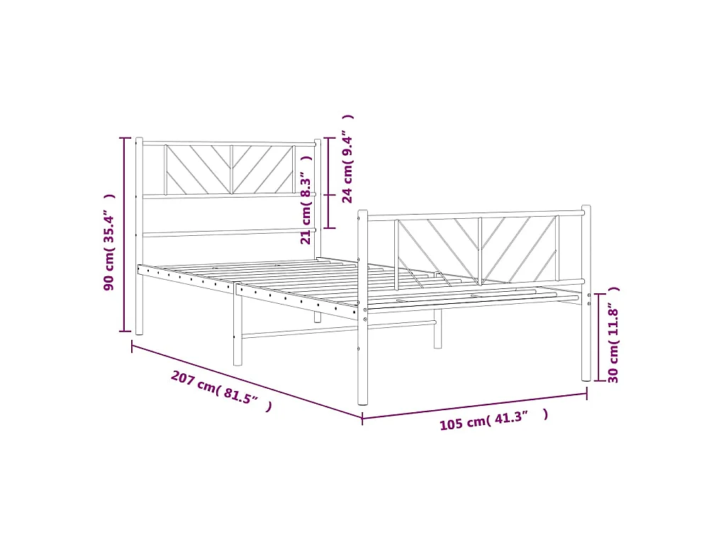 Cadre de lit métal sans matelas et pied de lit blanc 100x200 cm