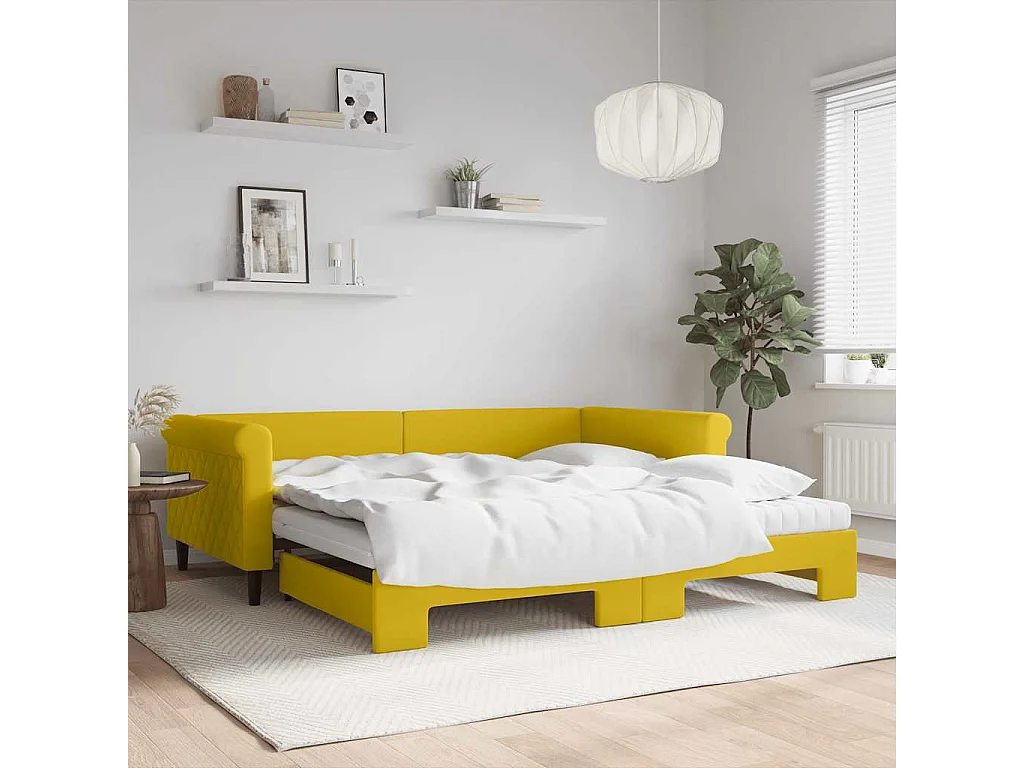 Lit de jour avec gigogne et matelas jaune 100x200 cm velours