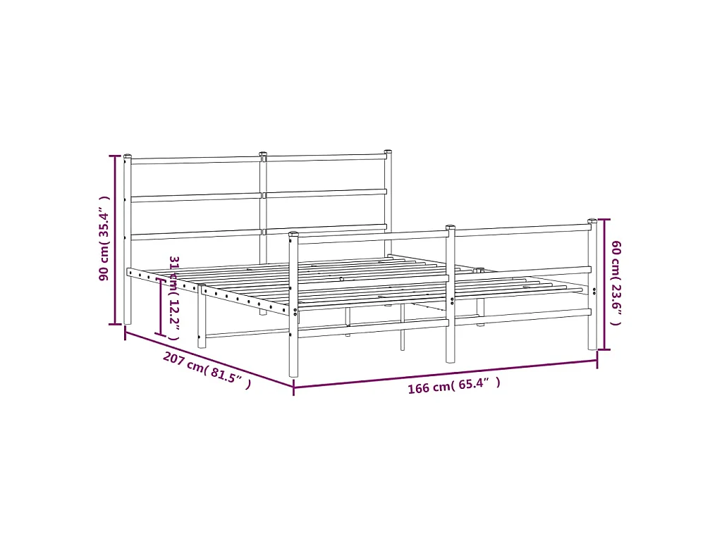 Cadre de lit métal sans matelas avec pied de lit noir 160x200cm