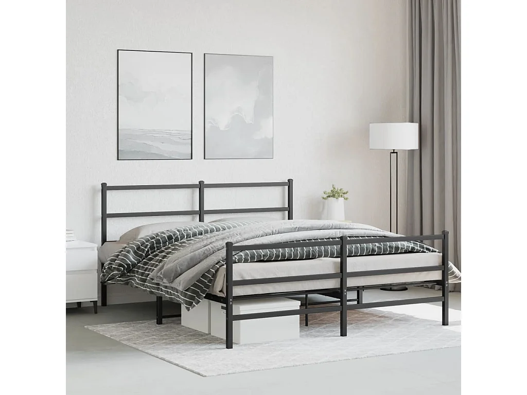 Cadre de lit métal sans matelas avec pied de lit noir 160x200cm