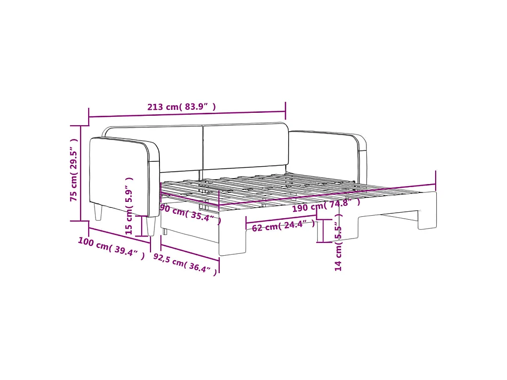 Slaapbank met onderschuifbed 90x190 cm stof donkergrijs