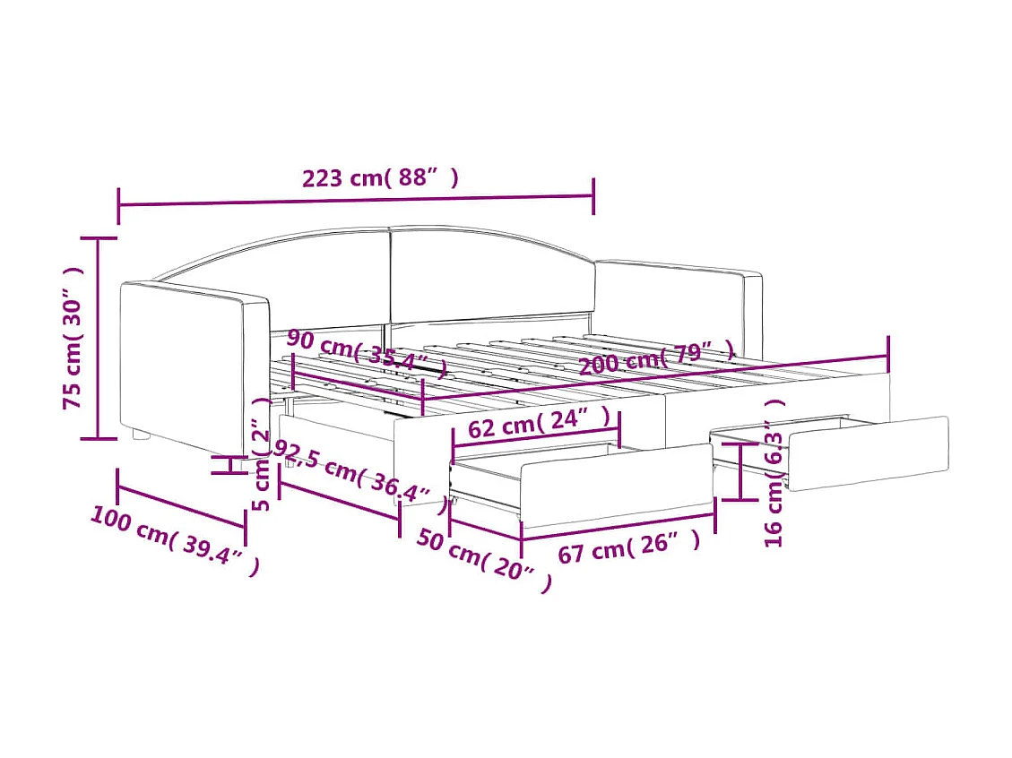 Tagesbett Ausziehbar mit Schubladen Hellgrau 90x200 cm Stoff