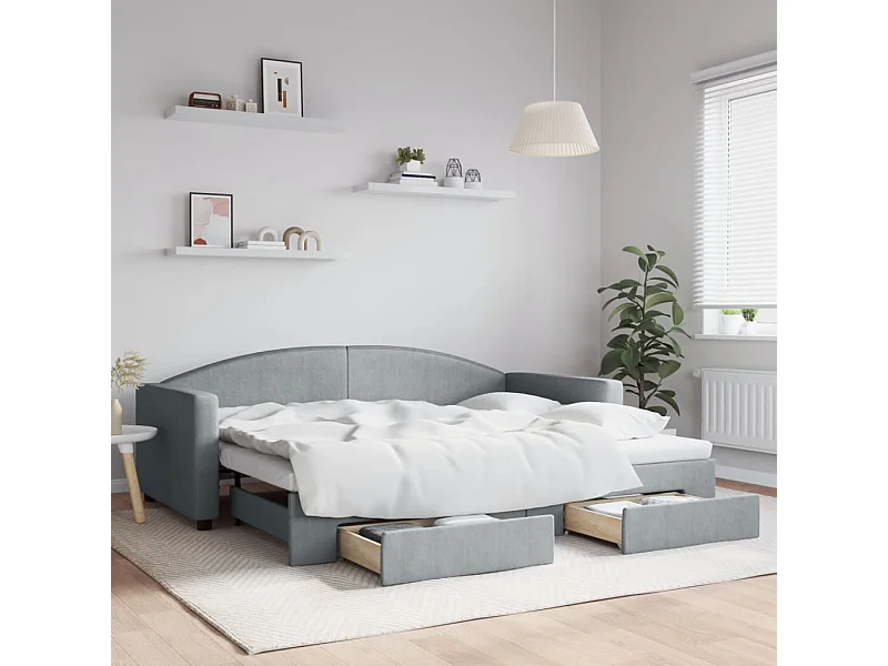Tagesbett Ausziehbar mit Schubladen Hellgrau 90x200 cm Stoff