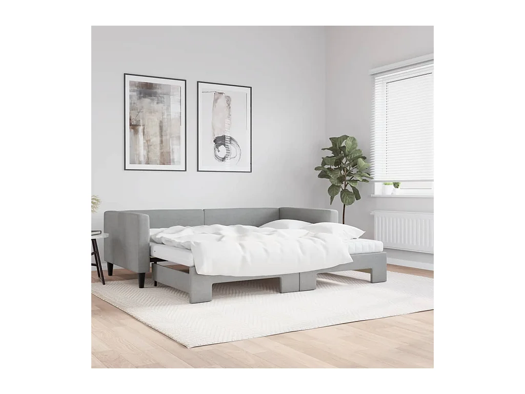 Lit de jour avec gigogne et matelas gris clair 90x190 cm tissu