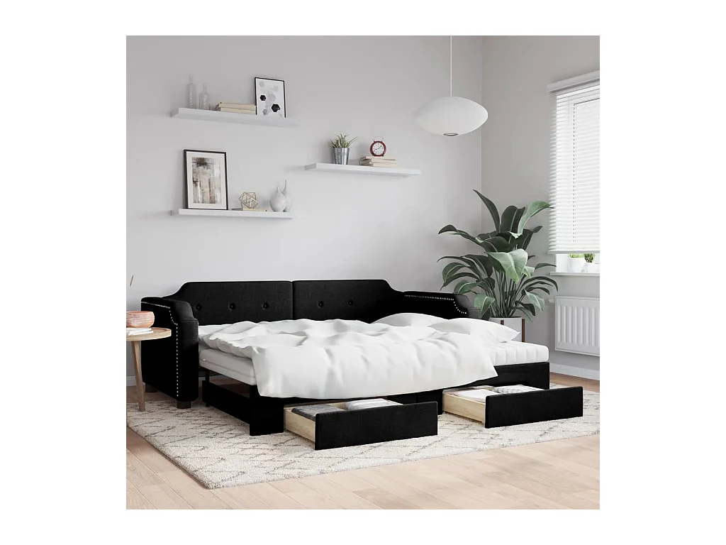 Tagesbett Ausziehbar mit Schubladen Schwarz 100x200 cm Stoff