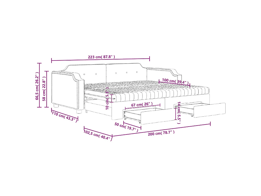 Lit de jour avec gigogne et tiroirs noir 100x200 cm tissu