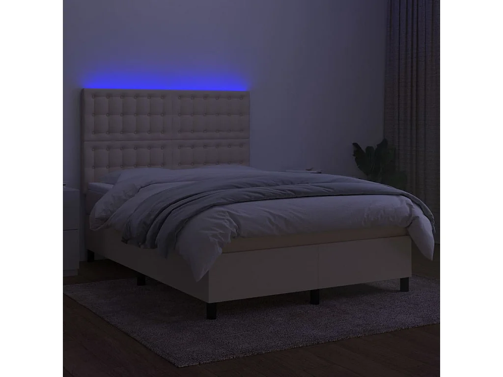 Cama box spring c/ colchão e LED 140x190 cm tecido cor creme