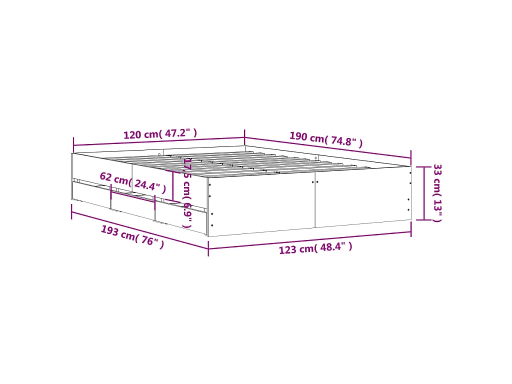 Cadre de lit avec tiroirs sans matelas blanc 120x190 cm
