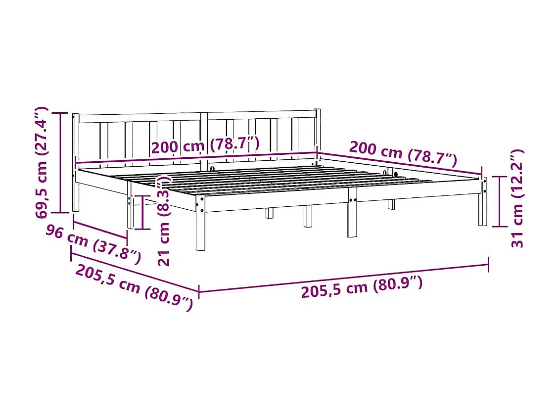 Cama sin colchón madera maciza de pino marrón cera 200x200 cm