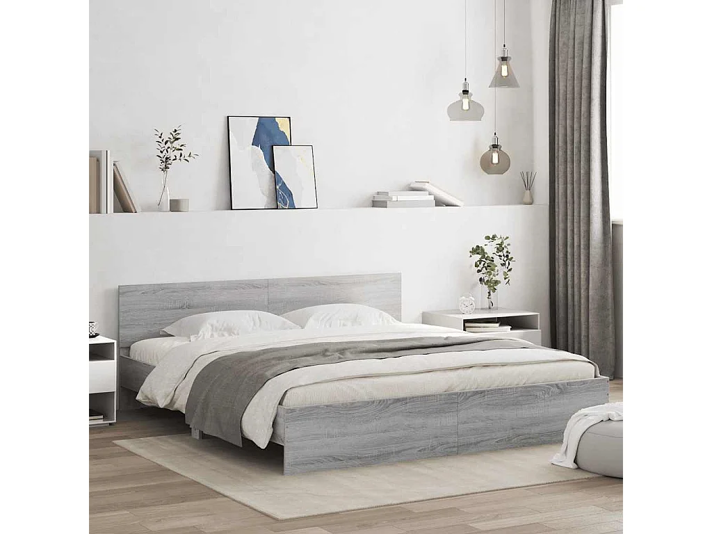 Giroletto con Testiera e LED Grigio Sonoma 180x200 cm