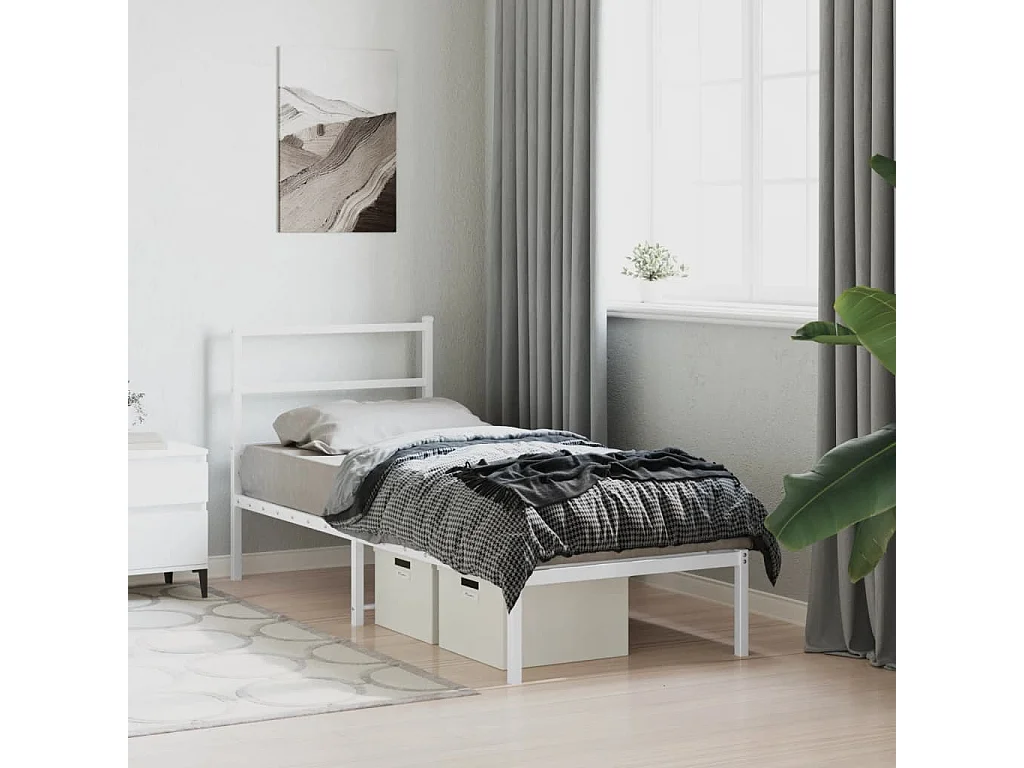 Cadre de lit métal sans matelas avec tête de lit blanc 75x190cm