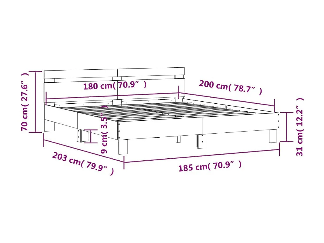Estrutura cama c/ cabeceira e luzes LED 180x200 cm preto