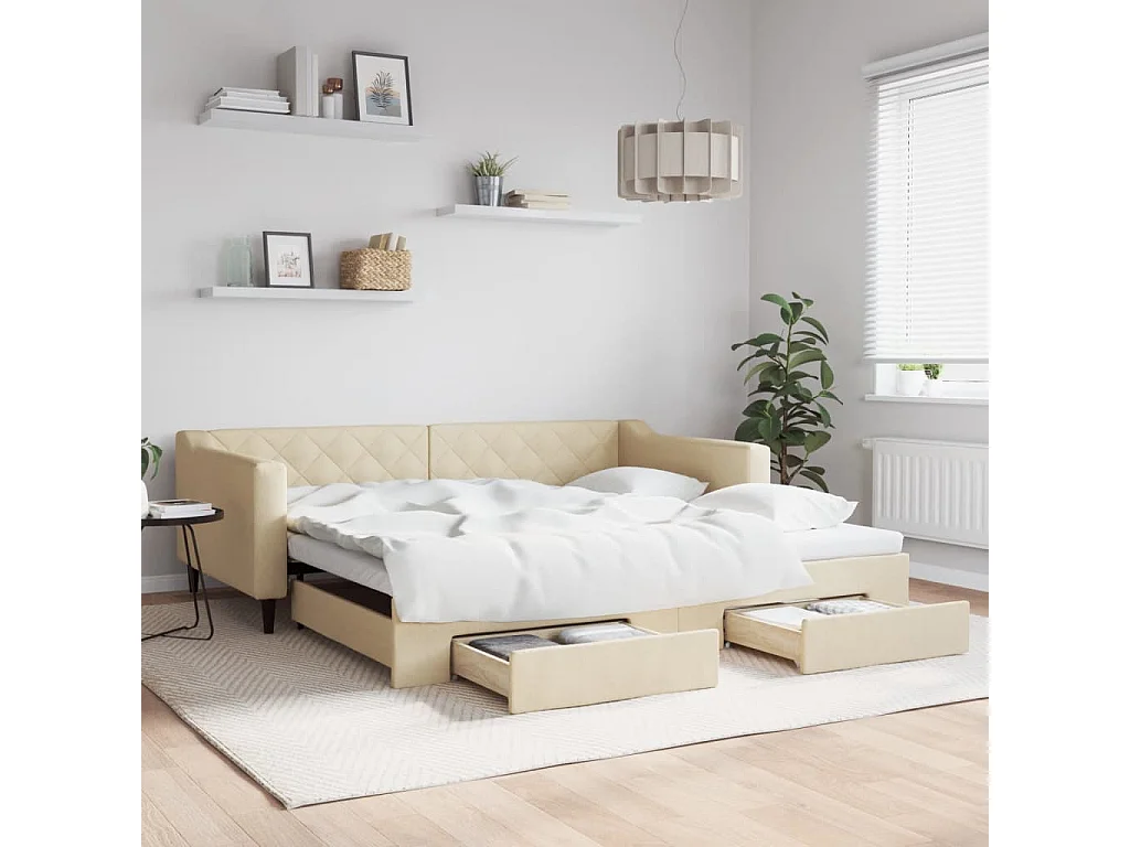 Slaapbank met onderschuifbed en lades 100x200 cm stof crème