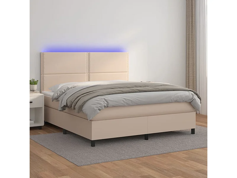 Cama box spring colchón LED cuero sintético capuchino 140x190cm