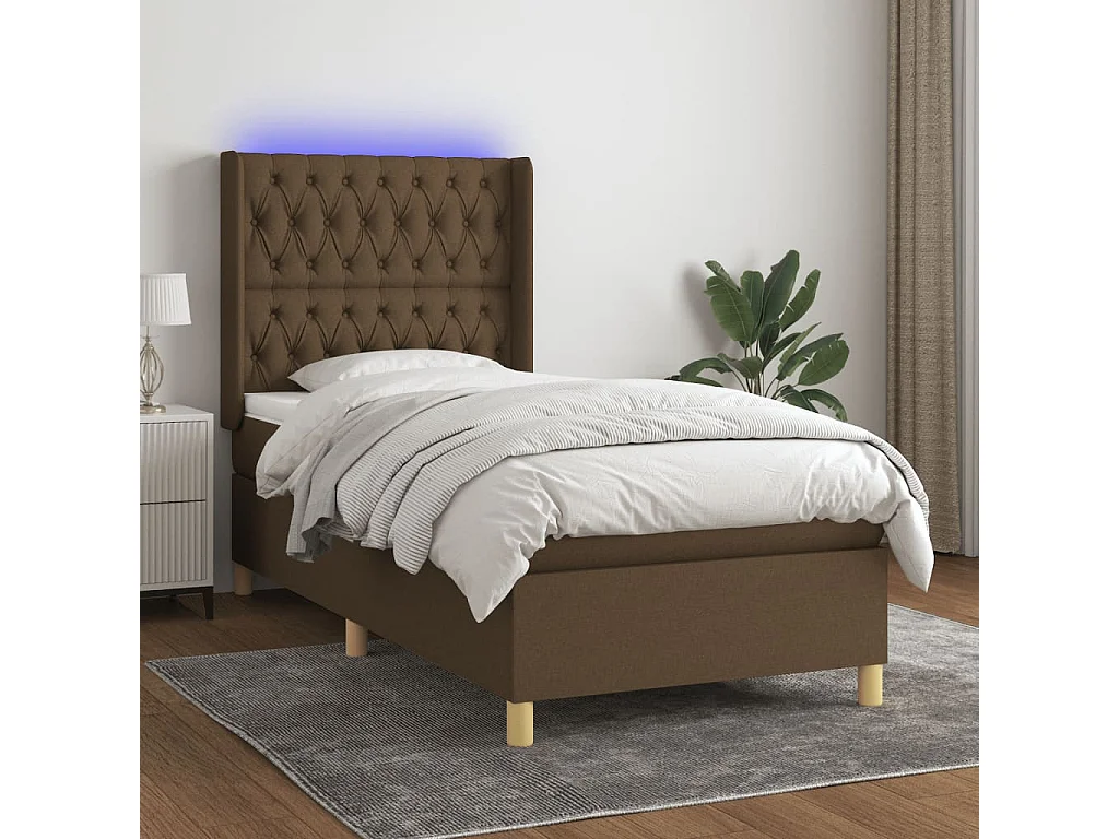 Letto a Molle Materasso e LED Marrone Scuro 90x190cm in Tessuto