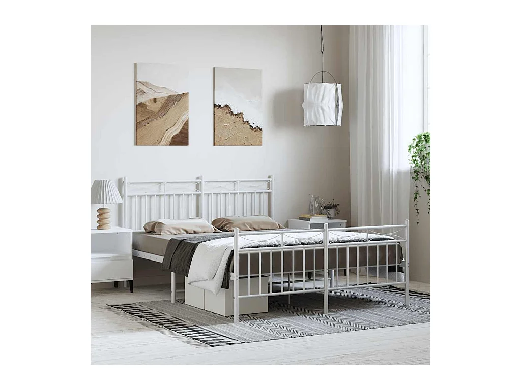 Cadre de lit métal sans matelas et pied de lit blanc 150x200 cm