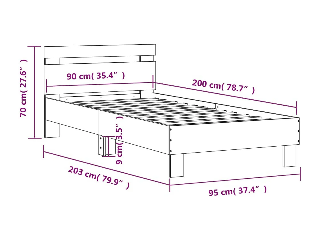 Bettgestell mit Kopfteil und LED-Leuchten Räuchereiche 90x200cm