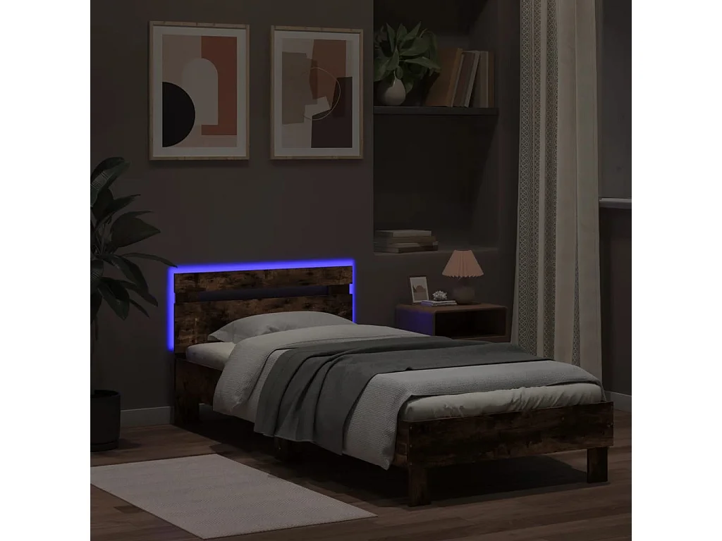 Bettgestell mit Kopfteil und LED-Leuchten Räuchereiche 90x200cm