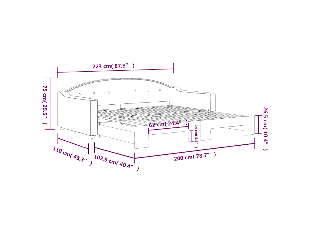 Lit de jour avec lit gigogne crème 100x200 cm tissu