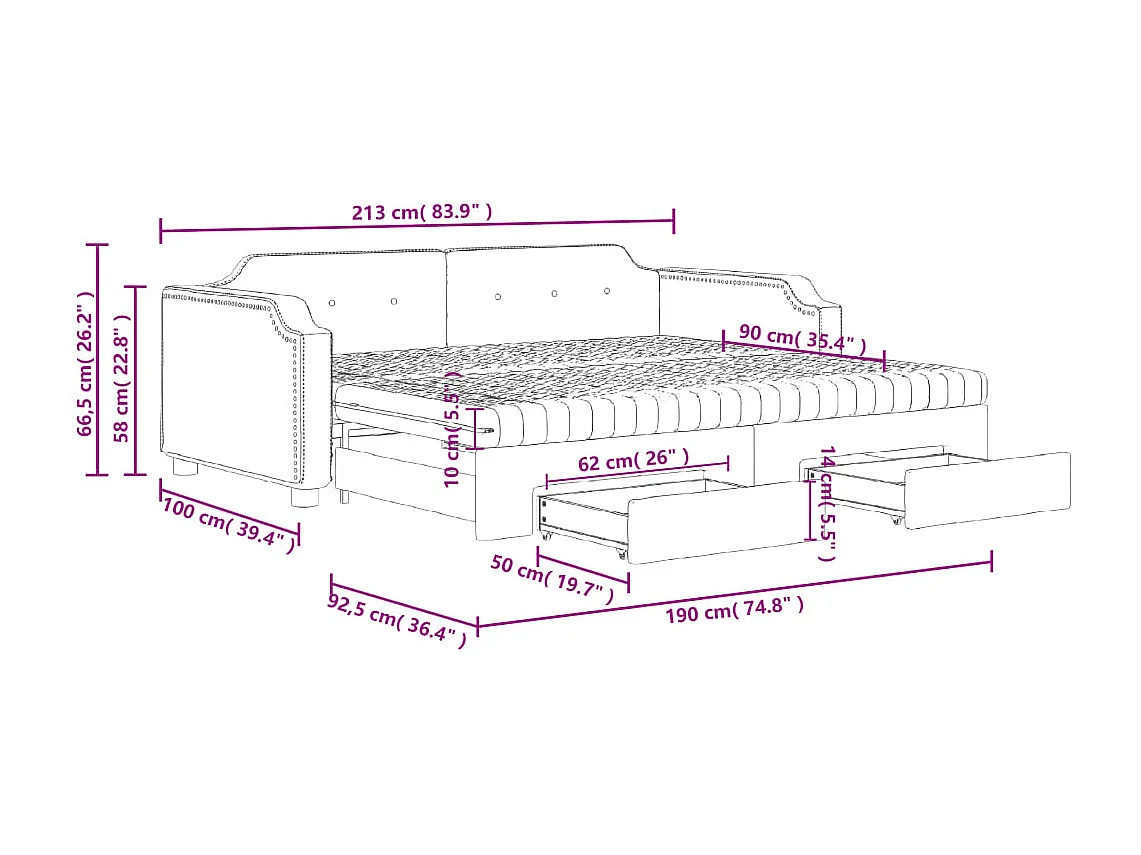 Lit de jour avec gigogne et tiroirs gris clair 90x190 cm tissu