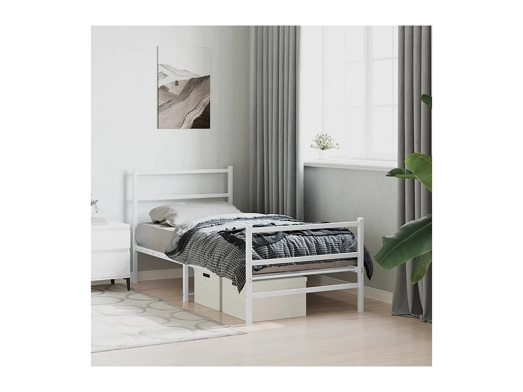 Cadre de lit métal sans matelas avec pied de lit blanc 90x200cm
