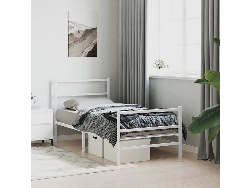 Cadre de lit métal sans matelas avec pied de lit blanc 90x200cm