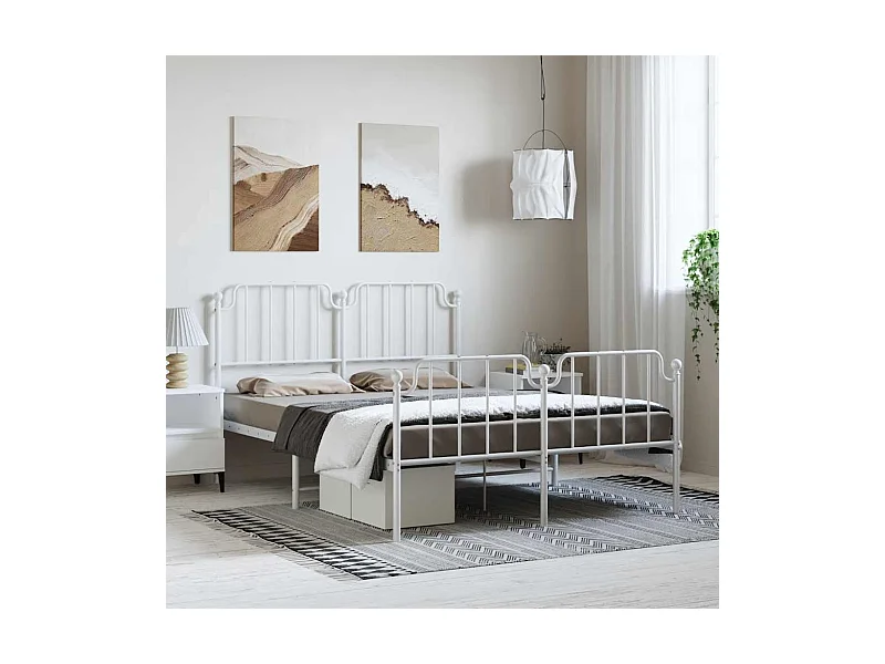 Cadre de lit métal sans matelas et pied de lit blanc 135x190 cm