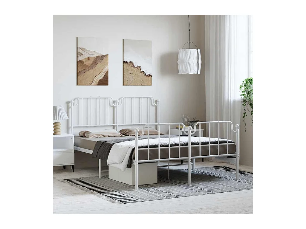 Cadre de lit métal sans matelas et pied de lit blanc 135x190 cm