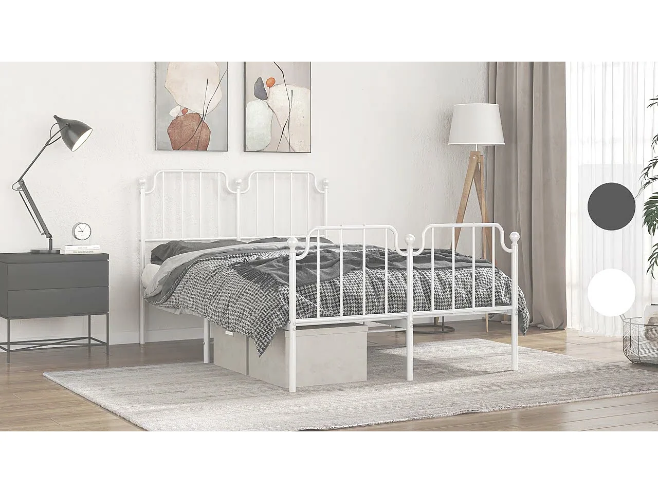 Cadre de lit métal sans matelas et pied de lit blanc 135x190 cm